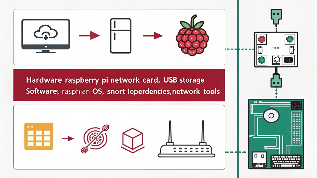 An infographic showing essential components needed for running Snort on a Raspberry Pi, using minimalist icons arranged in two columns labeled "Hardware" and "Software." Clean design with bold lines and flat colors.