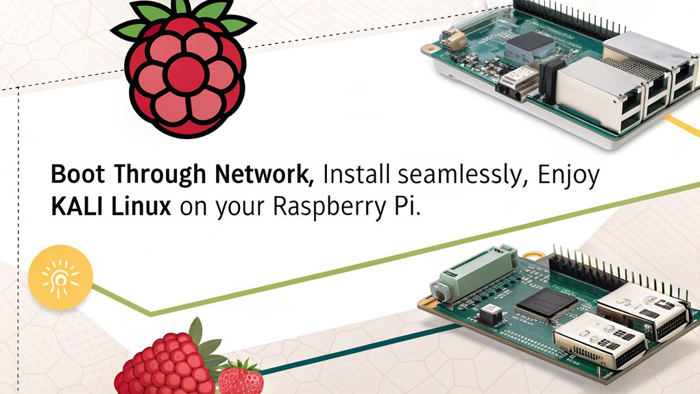 An infographic showcasing the process of utilizing network boot for installing Kali Linux on the Raspberry Pi. Include benefits, steps, and tips for success.