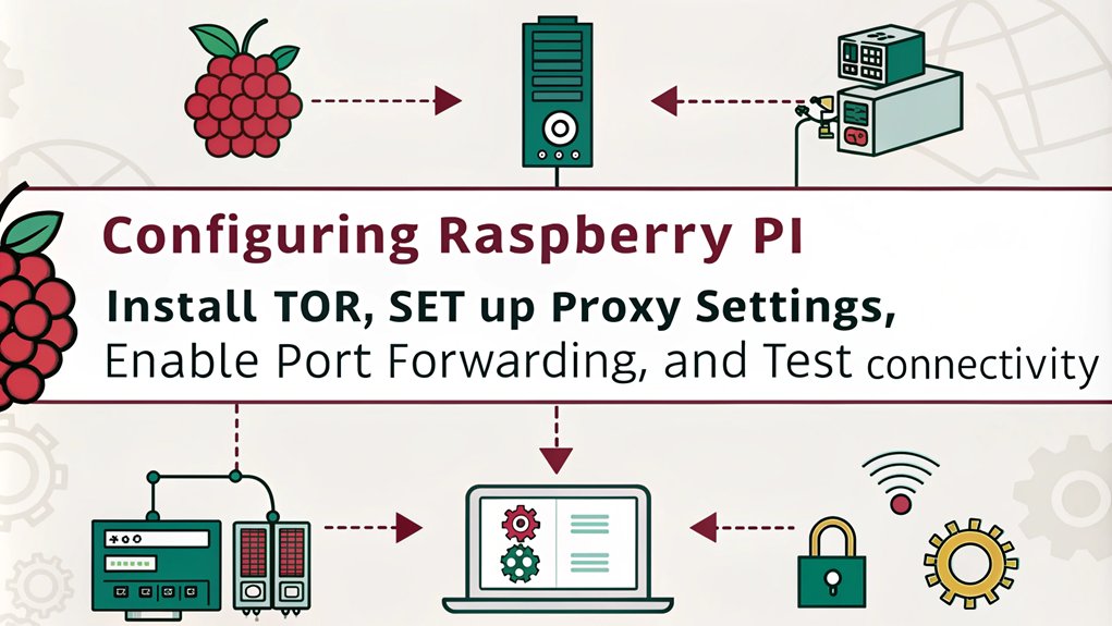 An infographic showcasing the network configuration steps for creating a Raspberry Pi Tor Proxy for Anonymous Browsing. 