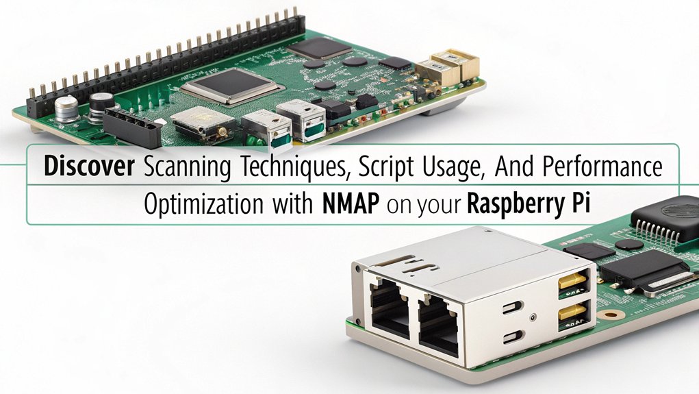 An infographic showcasing Advanced Nmap Features for installing and running Nmap on Raspberry Pi. Highlight essential commands, capabilities, and installation tips.