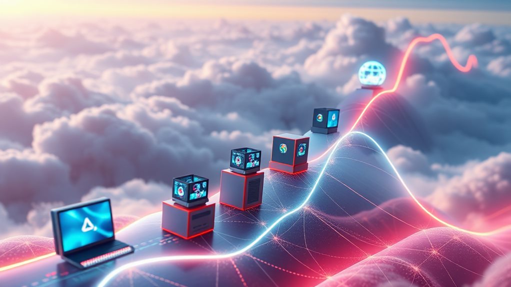 A vibrant digital landscape featuring interconnected mini PCs, each representing different applications, scaling upward on a sleek graph. Soft glowing lines indicate seamless connections, while a backdrop of cloud technology suggests expansive virtual environments.