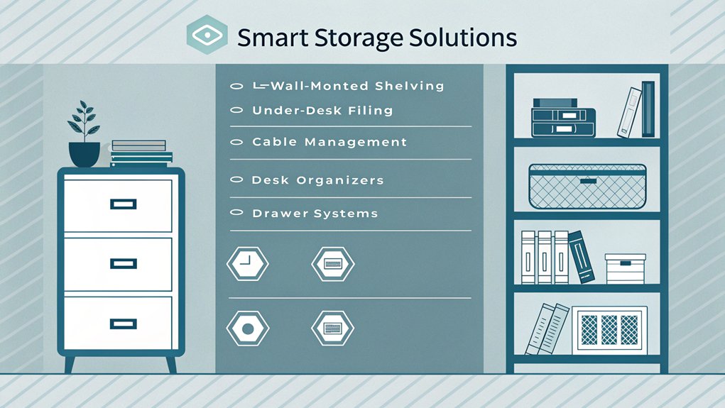An infographic using minimalist icon designs showing 5 storage solutions for a home office workspace, featuring clean lines and a muted blue-gray color palette. Include floating shelves, file cabinets, desk organizers, cable management, and drawer dividers.