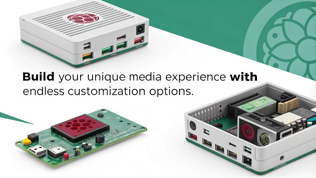 An infographic showcasing the customizability of a Raspberry Pi Media Center. Highlight features like flexible software options, hardware adaptability, and personalized user interfaces. The only text in the image is as follows: "Build your unique media experience with endless customization options."