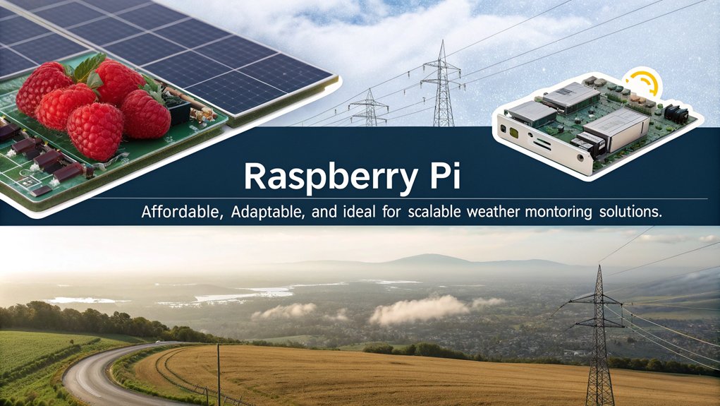 An infographic about the scalability of projects using Raspberry Pi for weather monitoring. Highlight benefits, such as low cost, flexibility, and ease of expansion.
