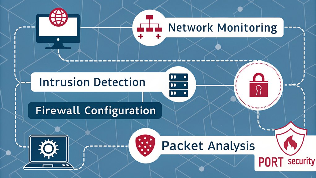 An infographic showing defensive security techniques using a Raspberry Pi, illustrated with simple icons of firewalls, intrusion detection systems, network monitoring tools, and encryption methods. Use blue and white color scheme with red accents for alerts.