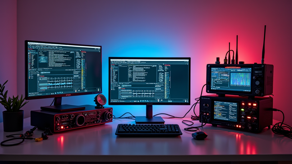 Three Raspberry Pi 5 setups side by side: a desktop station with multiple monitors, a compact portable unit with small screen, and an advanced setup with multiple antennas and SDR equipment, professional photography, modern tech aesthetic