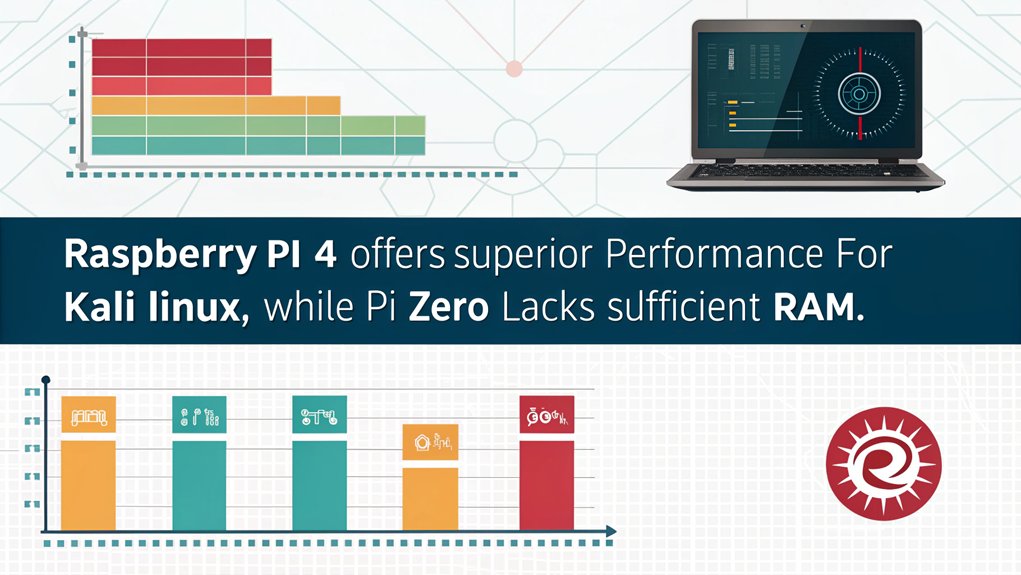 An infographic comparing the performance of different Raspberry Pi models for installing and running Kali Linux. Focus on speed, RAM, and compatibility. 