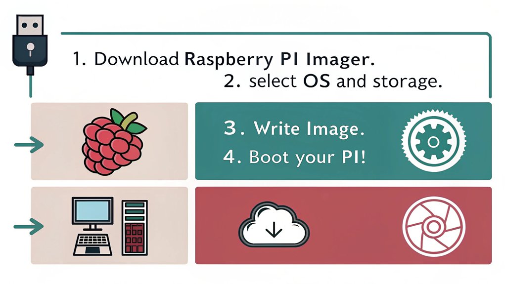 An infographic illustrating the steps to create a custom OS image with Raspberry Pi Imager on Raspberry Pi OS.