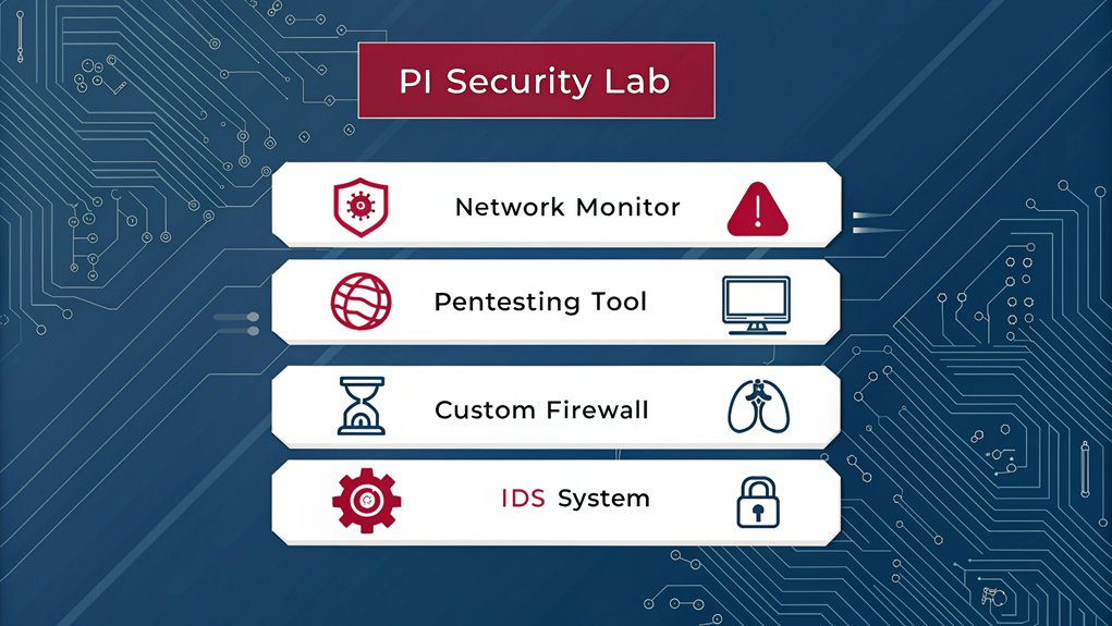An infographic using modern flat design showing 4 Raspberry Pi security projects: network monitoring, penetration testing, firewall setup, and intrusion detection. Use dark blue and white color scheme with red accents. Include minimal technical icons and circuit patterns.
