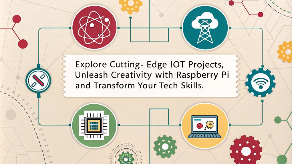 An infographic showcasing Innovative IoT Solutions through Best Raspberry Pi Projects for Tech Enthusiasts. The only text in the image is as follows: "Explore cutting-edge IoT projects, unleash creativity with Raspberry Pi, and transform your tech skills."