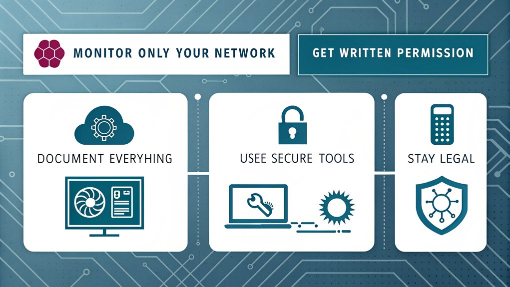 An infographic showing essential steps for safe network monitoring using a Raspberry Pi, with icons depicting firewalls, monitoring tools, and security measures. The design uses blue and white colors with circuit board patterns.