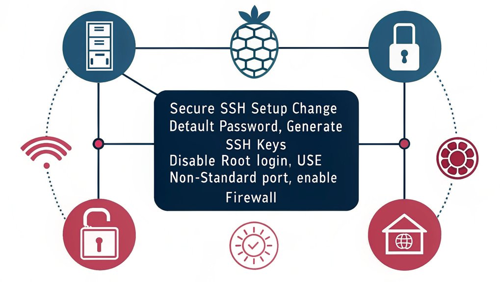 An infographic showing SSH setup and measures for securing your Raspberry Pi, using flat icons in dark blue and raspberry red. Include key steps for changing default passwords, configuring SSH keys, and port management, arranged in a vertical flow with connecting lines.