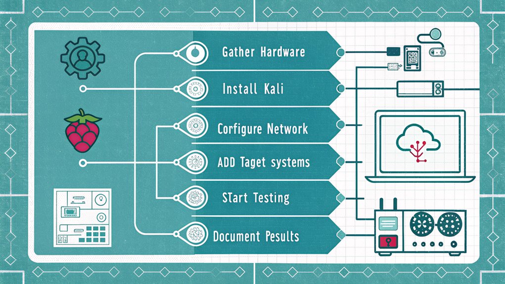 An infographic showing a Raspberry Pi connected to various lab components like virtual machines, network tools, and security software, using a blueprint-style design with cyan and white colors. This is the architecture of ethical hacking with a raspberry pi. Simple icons represent each step of lab setup, flowing from basic hardware to testing environment.
