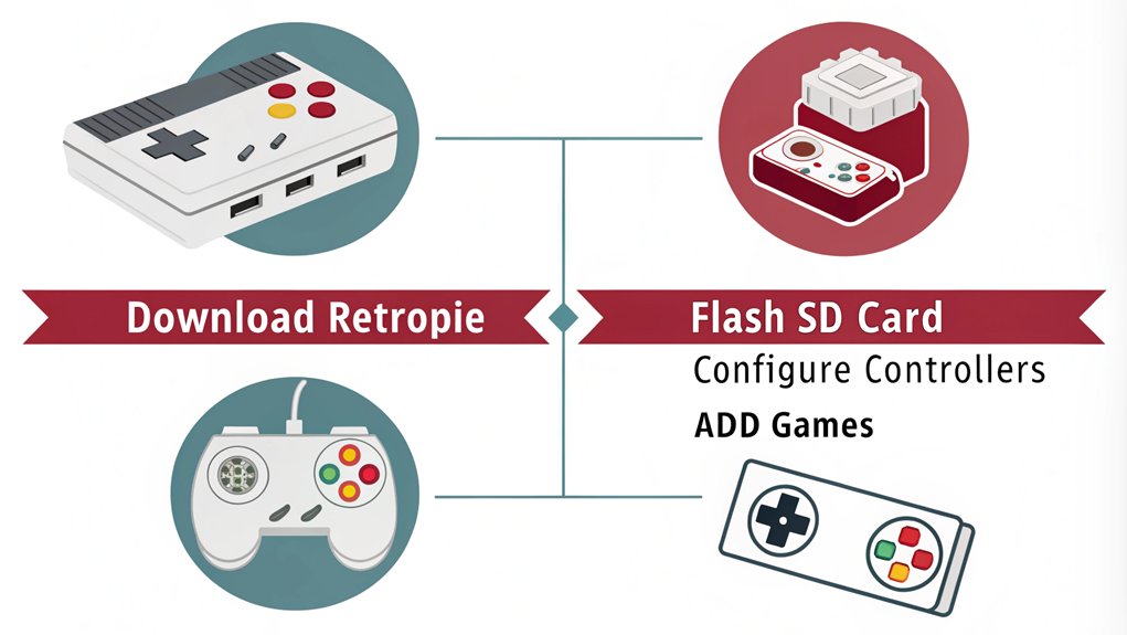 An infographic about installing and configuring RetroPie for building retro gaming consoles with Raspberry Pi.