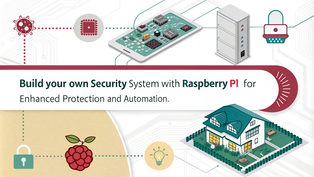 An infographic showcasing automating home security features using a Raspberry Pi. Include steps, components, and benefits of DIY security systems.