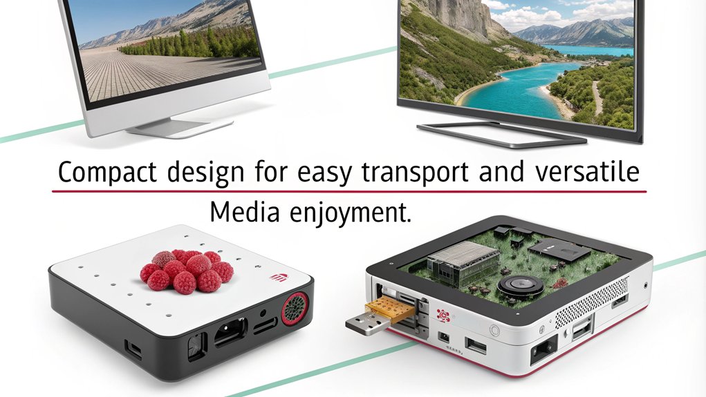 An infographic showcasing the benefits of a compact and portable Raspberry Pi media center. Highlight its space-saving design, easy transportability, and versatile uses for entertainment. The only text in the image is as follows: "Compact design for easy transport and versatile media enjoyment."