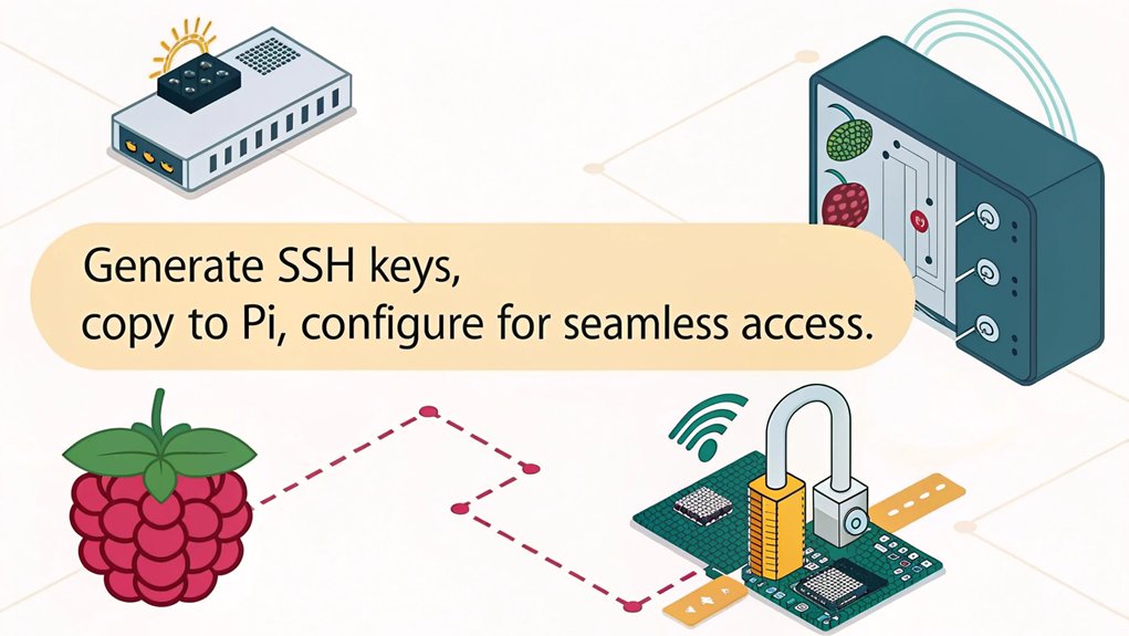 An infographic about Configuring SSH on a Raspberry Pi Without a Password , focusing on steps and benefits.
