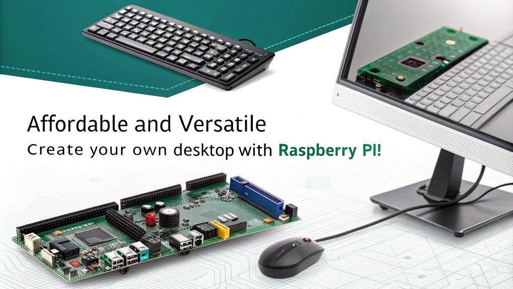 An infographic showcasing the Basic Desktop Computer setup using Raspberry Pi for budget-friendly projects. Highlight its affordability, versatility, and ease of use