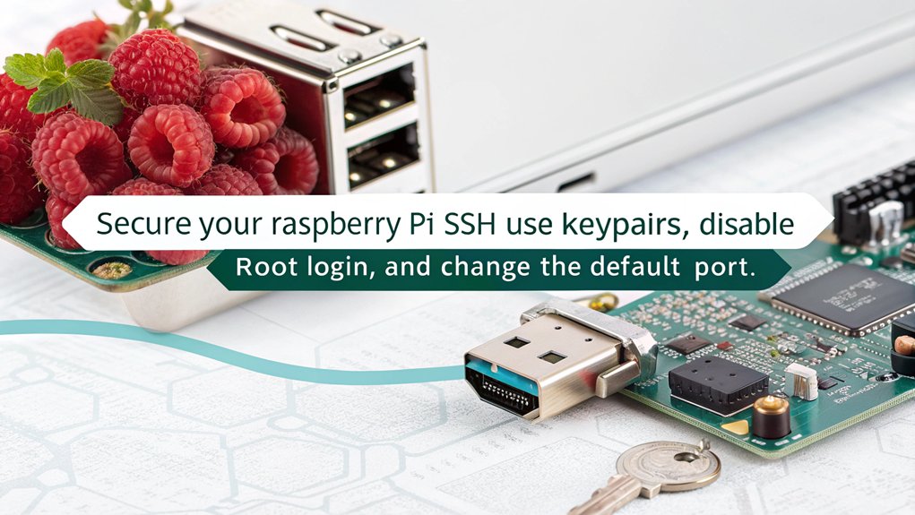 An infographic showcasing Enhancing SSH Security for Raspberry Pi use. Highlight key security measures such as key-based authentication, disabling root login, and changing default port.