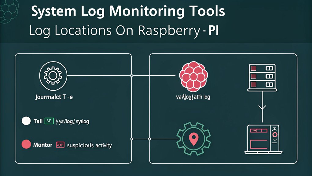 :An infographic showing two main sections: system log monitoring tools and log locations on Raspberry Pi. Use minimalist icons for command line interfaces, log files, and security alerts. Simple flowchart design with dark background.