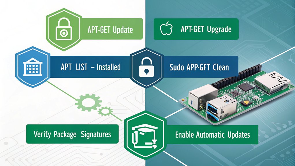 An infographic showing a Raspberry Pi surrounded by shield icons and terminal windows, demonstrating system update commands and package management security practices. Use green and blue colors. Include lock symbols next to verified packages.