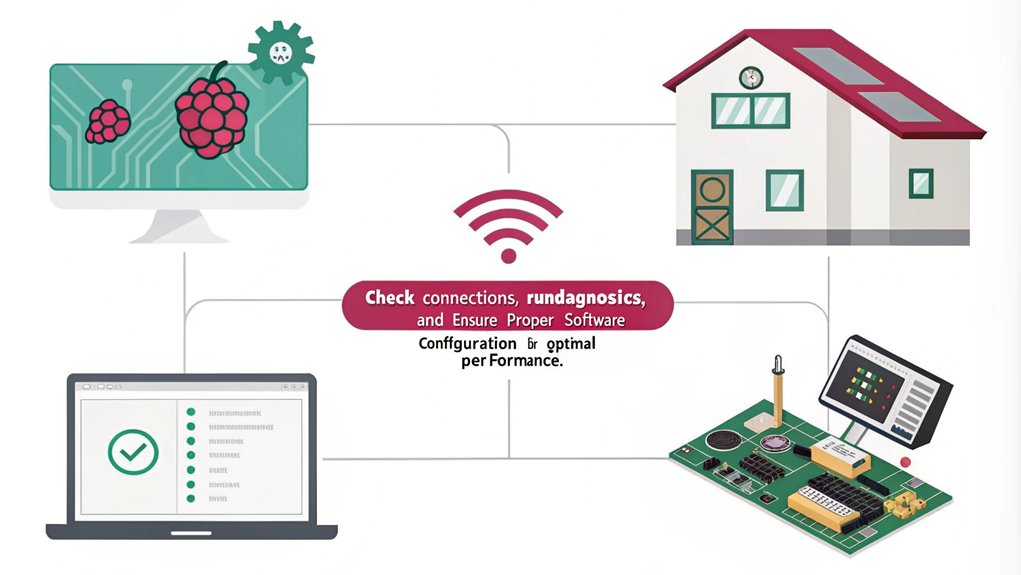 An infographic showcasing the essential steps for Testing and Troubleshooting Your System for a Raspberry Pi Home Security System. 