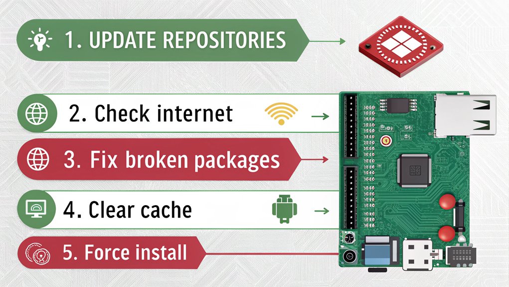 An infographic using clean-lined illustrations showing steps to fix Raspberry Pi package installation errors. Feature a Raspberry Pi board with terminal window, package icons, and arrows indicating workflow. Use green for success states and red for errors.