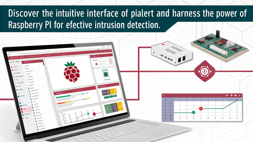 An infographic showcasing the User Interface and Features of Pialert for creating a Raspberry Pi IDS. Highlight key aspects like installation steps, dashboard layout, and notification settings.