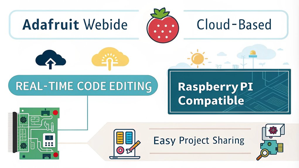 An infographic about Adafruit WebIDE for web-based development in the context of best IDEs for Raspberry Pi development.