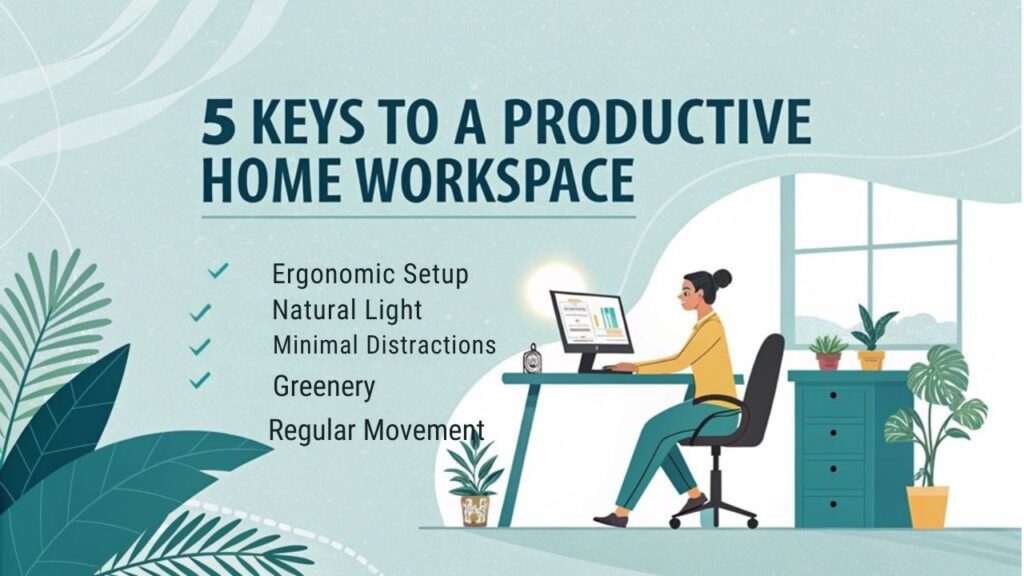 An infographic showing an ideal home office setup with ergonomic elements highlighted. Include a desk with proper height, ergonomic chair, monitor at eye level, natural lighting, plants, and a person demonstrating good posture.