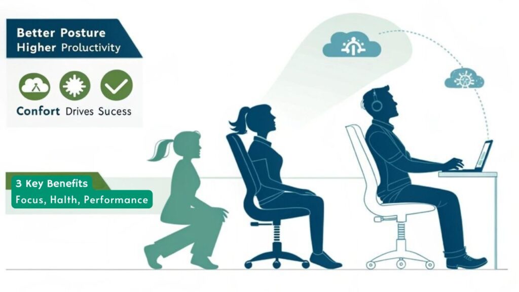 An infographic using a clean, minimalist design showing silhouettes of people sitting in ergonomic chairs, with visual representations of improved posture, reduced back pain, and increased focus. Shows how comfort is one of the benefits of ergonomic chairs. Use soft blues and greens. Include simple icons for key benefits like productivity arrows, comfort clouds, and health symbols.