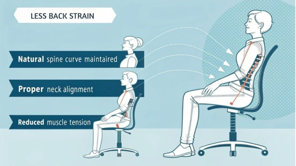 An infographic showing three key adjustments for an ergonomic chair - lumbar support, armrest height, and seat tilt - depicted with simple anatomical illustrations highlighting proper spine alignment and reduced muscle strain in neck and back areas, using a calming blue and white color scheme.