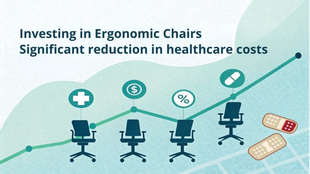 An infographic showing a downward trending line graph with medical icons and office chair silhouettes. Use soft blues and greens. Display dollar signs decreasing from left to right, with miniature healthcare symbols (bandages, pills, doctor visits) fading in size along the curve.