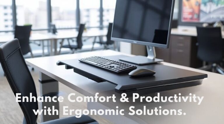 A realistic image of a modern ergonomic keyboard tray setup in a stylish office environment. The tray is adjustable, supporting a comfortable typing posture, with a sleek monitor and workspace.