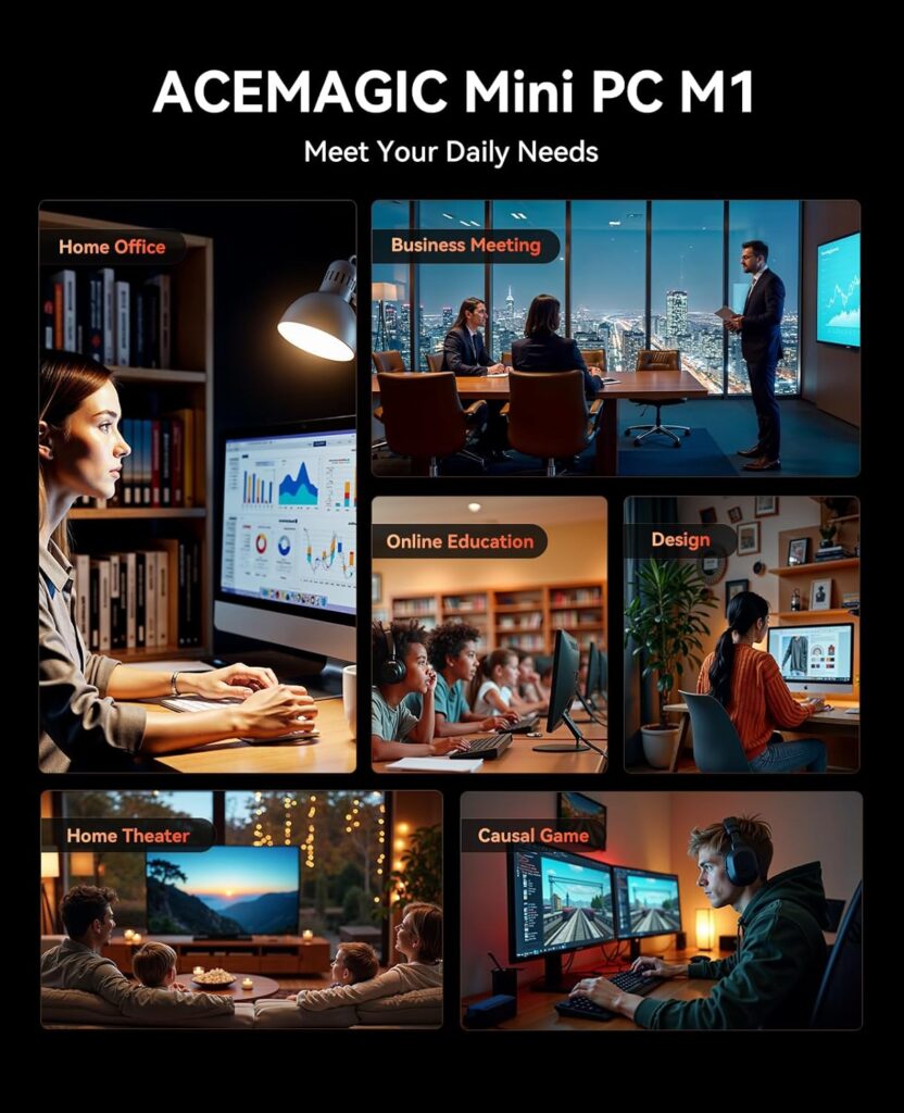 The ACEMAGIC M1 Mini PC can be used in the home office, meeting room, online education, design, as the heart of a home theater, or casual gaming.