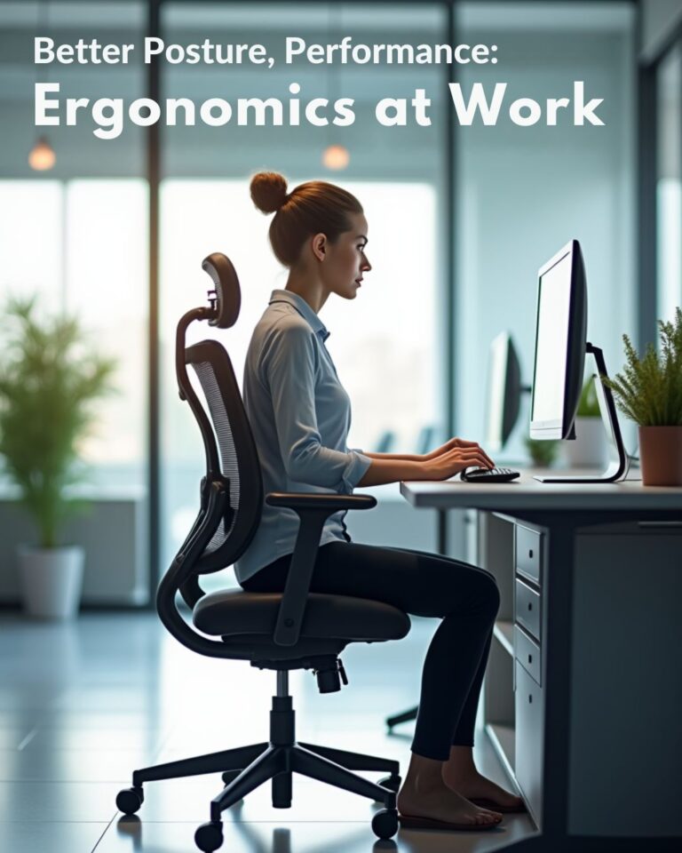 A realistic image showing a person working at a desk in a modern office, sitting in an ergonomic mesh chair with lumbar support and adjustable armrests. Natural light streams through windows. The person maintains perfect posture while typing, appearing comfortable and productive.