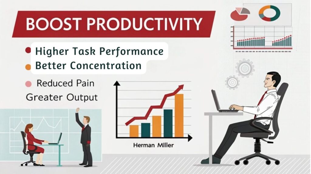 An infographic showing how ergonomic chairs boost workplace productivity with charts, images of proper posture, and statistics from Herman Miller research highlighting 30% productivity increases and 47% concentration improvement from proper seating support.