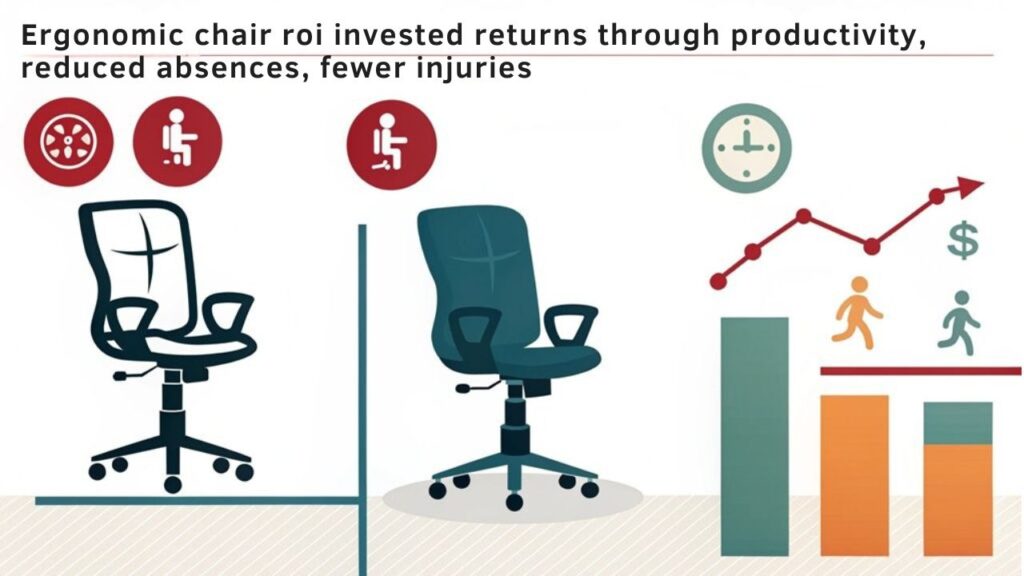 An infographic showing ROI of ergonomic chairs in workplaces. Include cost comparison between quality chairs vs. medical expenses from poor seating, productivity gains (15-20%), reduced absenteeism, and employee satisfaction metrics.