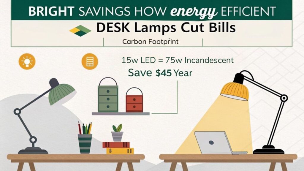 An infographic showing how energy-efficient desk lamps reduce electricity bills compared to traditional lighting when working at computers. Include wattage comparisons, annual cost savings, and environmental benefits of LED, CFL, and halogen options.