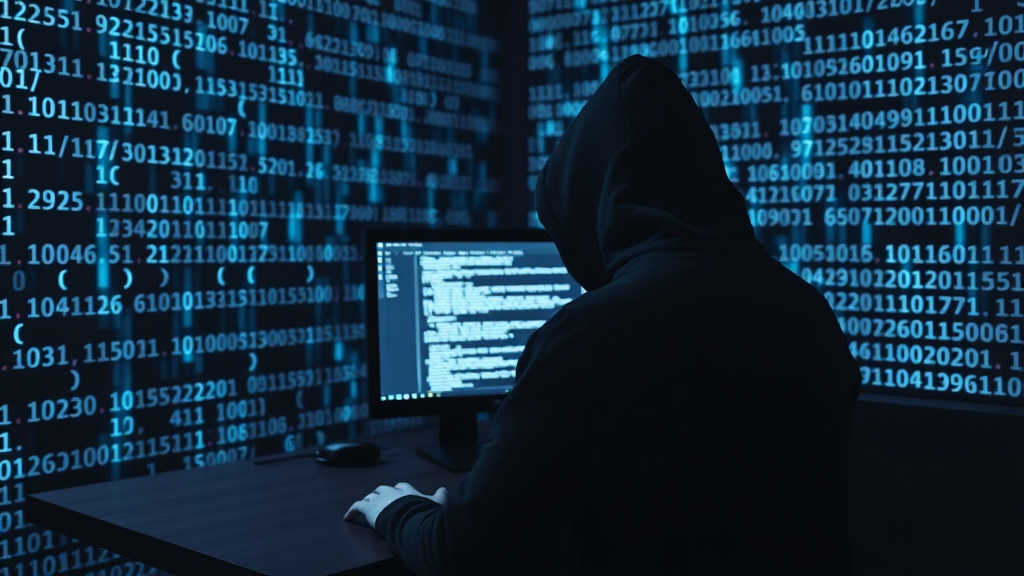 An anonymous figure in a hooded sweatshirt, sitting in front of a computer with cascading code on the screen. The scene is set in a dimly lit room with a matrix of binary code projected onto the walls, representing the concept of ethical hacking in a controlled environment.
