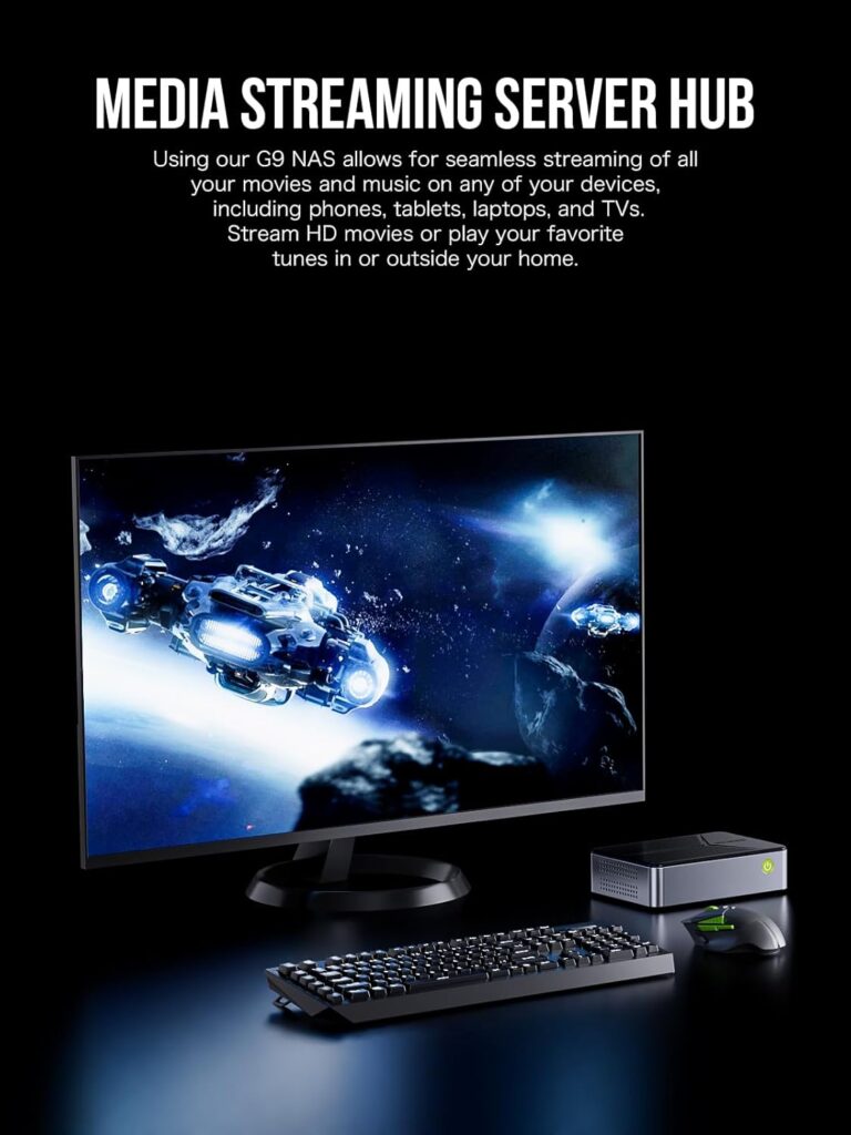 Use the GMKtec Nuxbox G9 Mini PC as a Network Attached Storage. This allows for seamless streaming of all your movies and music on any of your devices.