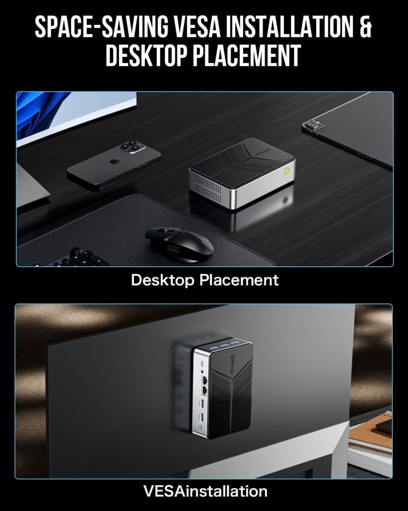 The GMKtec Nucbox G9 Mini PC can be placed on a desktop or behind a monitor on a VESA mount. In either case it doesn't take up much space.