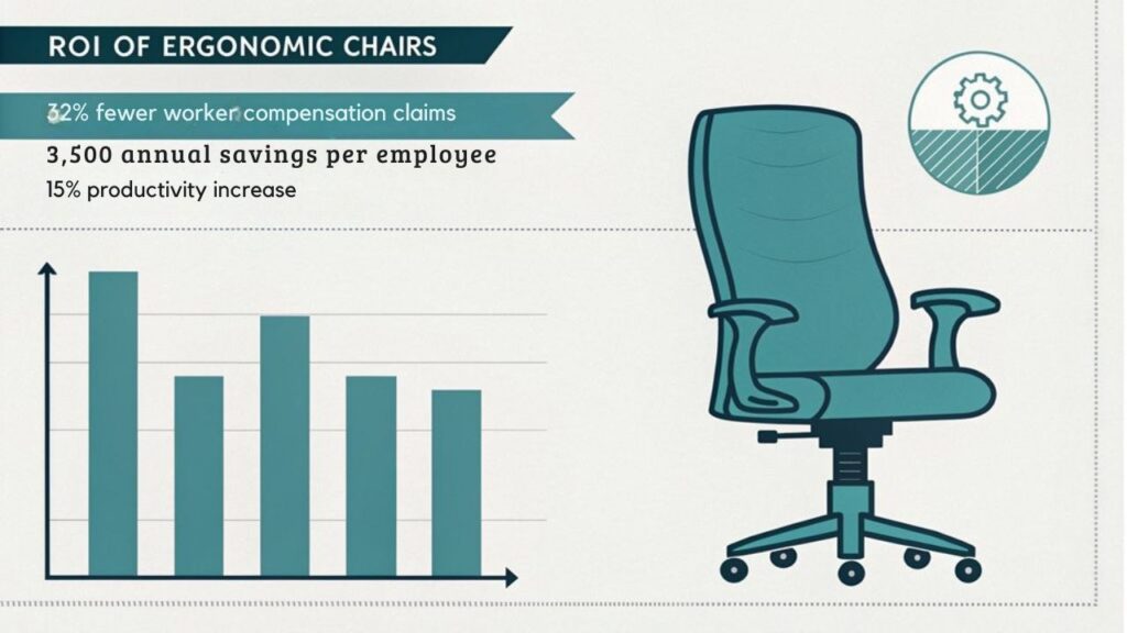 An infographic showing cost savings from ergonomic chair investments, using clean lines and muted blue-green colors. Feature a central chair icon with branching benefits: reduced medical costs, increased productivity, and employee retention. Include simple bar graphs comparing traditional vs. ergonomic setup costs over 5 years.