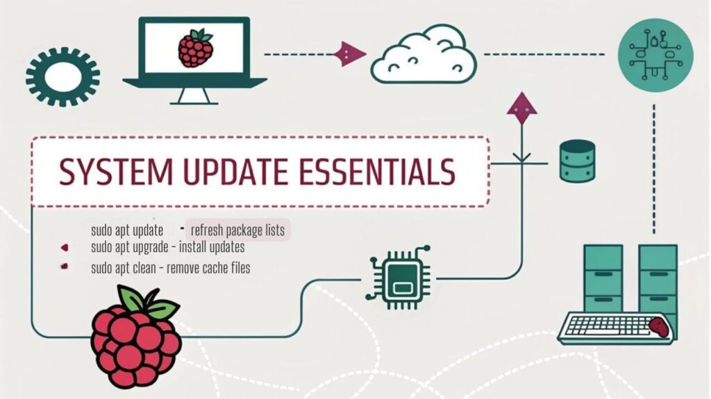 :An infographic showing the process of updating system packages before installing apache web server on a Raspberry Pi Include terminal commands, use arrow flow diagrams connecting the three commands: "sudo apt update", "sudo apt upgrade", and "sudo apt clean". 