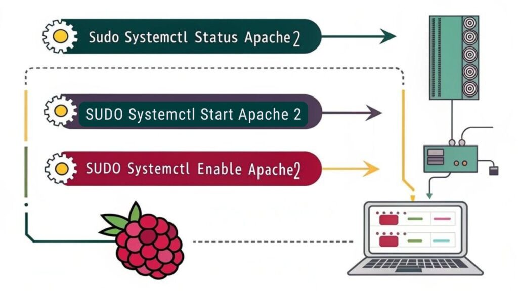 An infographic showing the step-by-step process of starting the Apache service on a Raspberry Pi. Use illustrations of terminal commands with clear visual cues for each action: checking Apache status, starting the service, and enabling auto-start on boot. Include a simple diagram of the service activation flow. 