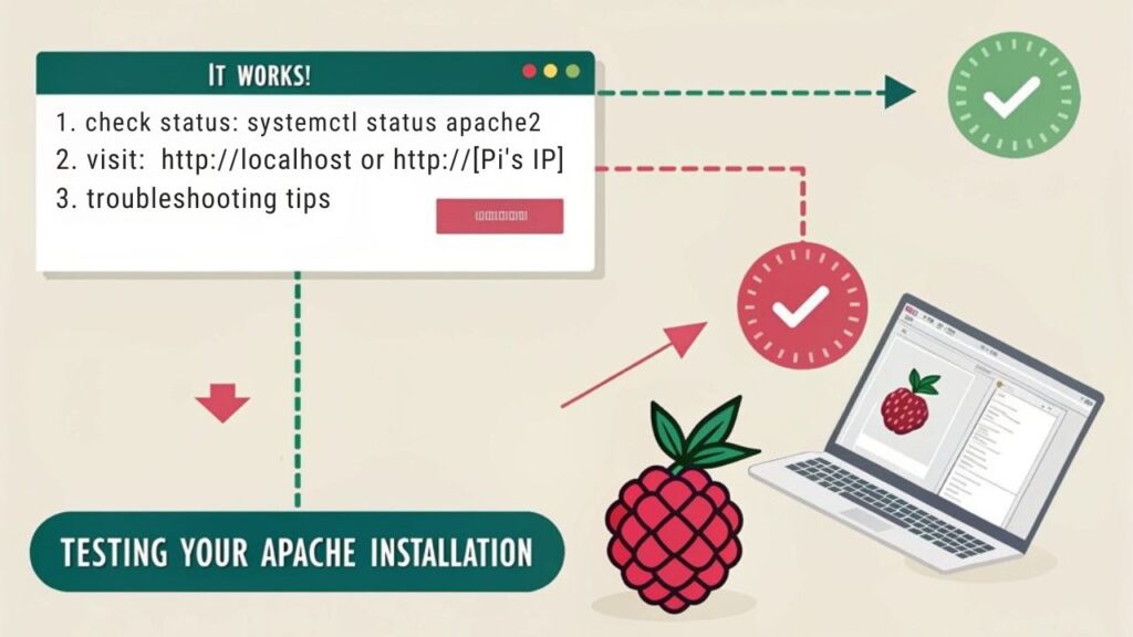 An infographic showing steps to test Apache installation on Raspberry Pi. Use green checkmarks for successful tests, red X for failures. Include browser screenshot displaying "It works!" page, terminal commands, and HTTP status codes.