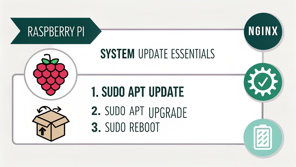An infographic showing the 3 key steps to update a Raspberry Pi system before installing Nginx. Use simple icons for each step: updating package lists, upgrading existing packages, and rebooting the system. Include a Raspberry Pi and Nginx logos.