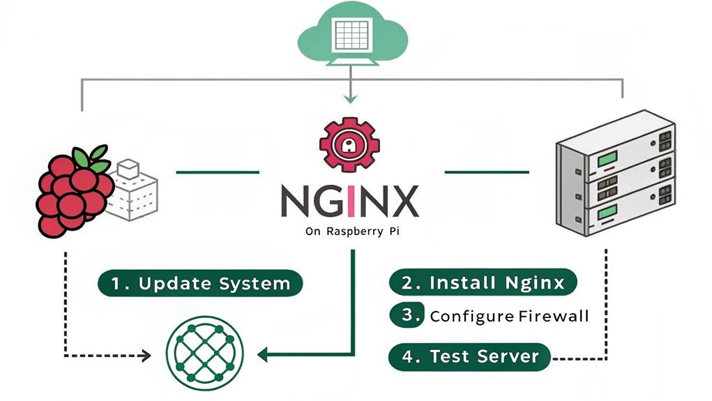 An infographic showing step-by-step to install a Nginx web server on a Raspberry Pi. Include updating repositories, installing Nginx package, configuring the firewall, testing the server, and basic configuration steps. Use icons representing each stage with minimal text and arrows connecting steps.