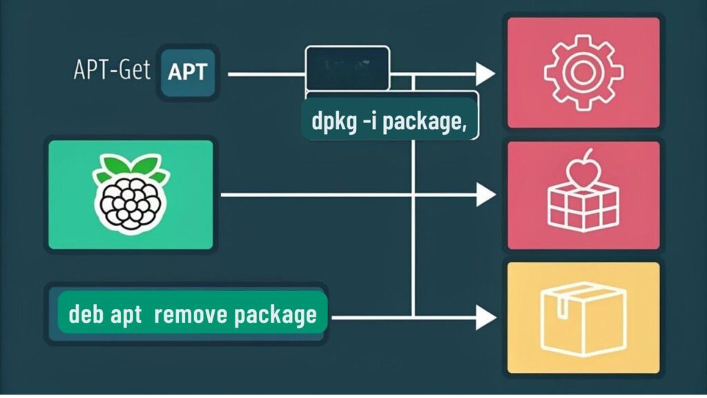 An infographic showing common package management commands on Raspberry Pi, using simple icons and color-coded sections for apt-get, apt, and dpkg operations. Display commands like update, install, remove, and upgrade with terminal-style formatting against a dark background.
