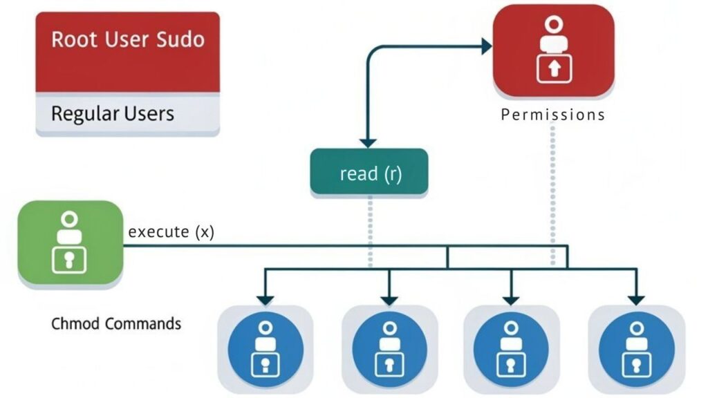An infographic using minimal flat icons to show Linux user management hierarchy and permissions, featuring a root user at the top connected to regular users below. Use red for root, blue for users, and green for file permissions. Display chmod commands and permission symbols (rwx).